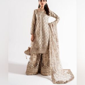 NWT Haseens Official 4 Piece Desi Pakistani Formal Outfit Gold Beaded Large